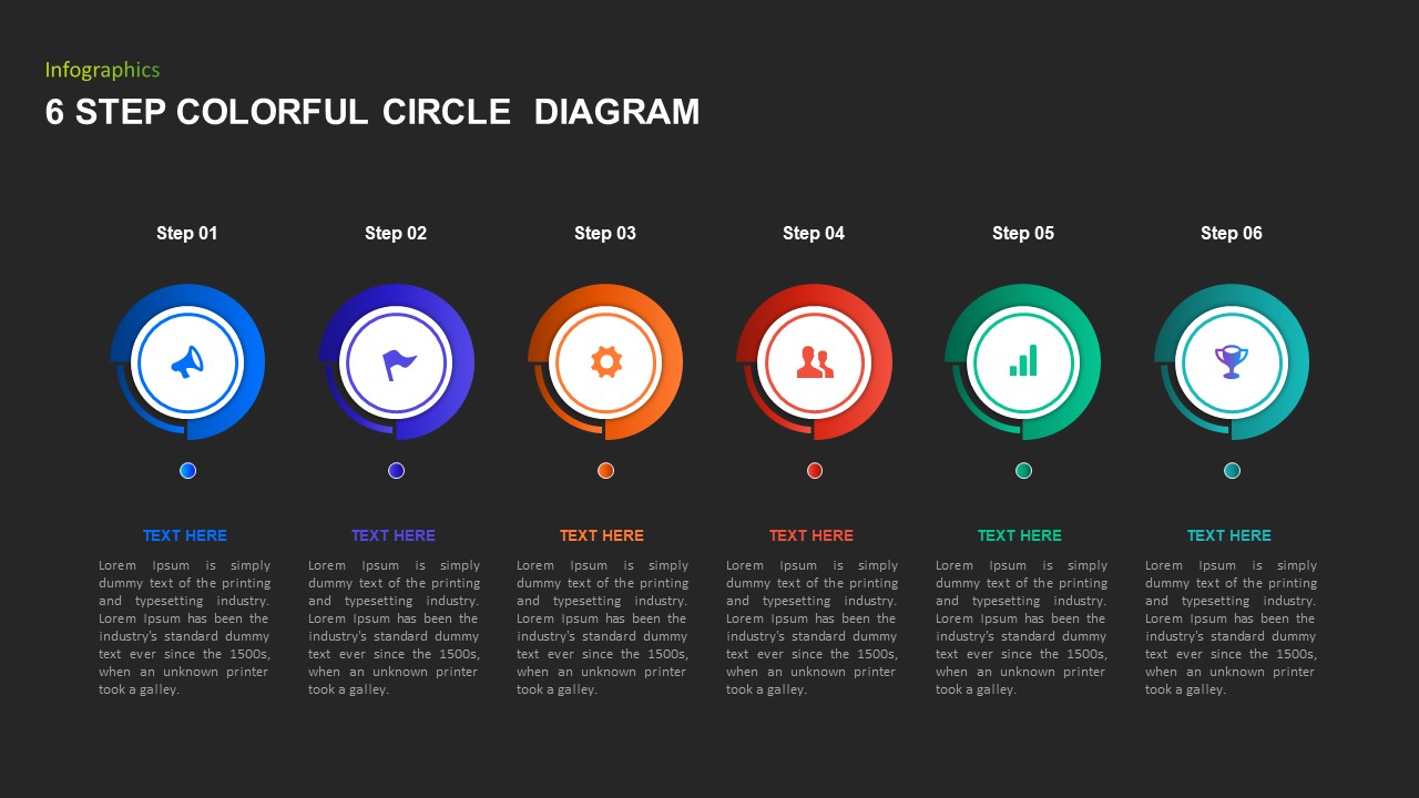 Dark background six step colorful circular diagram
